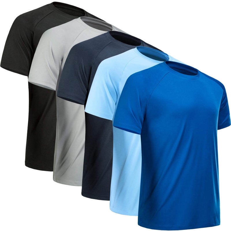 MCPORO Workout Shirts for Men Short Sleeve Quick Dry Athletic Gym Active T Shirt Moisture Wicking 5 Pack Black, Light Grey, Navy, Blue, Light Blue X-Large - Image 1
